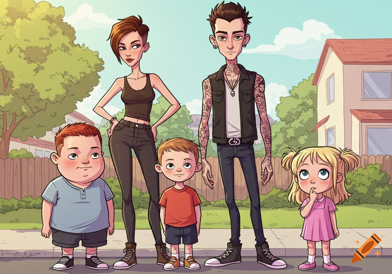 A cartoon family stands on a sidewalk in front of a house: a thin, tattooed dad, a slim mom with short hair, an overweight boy, and a blonde girl sucking her thumb.