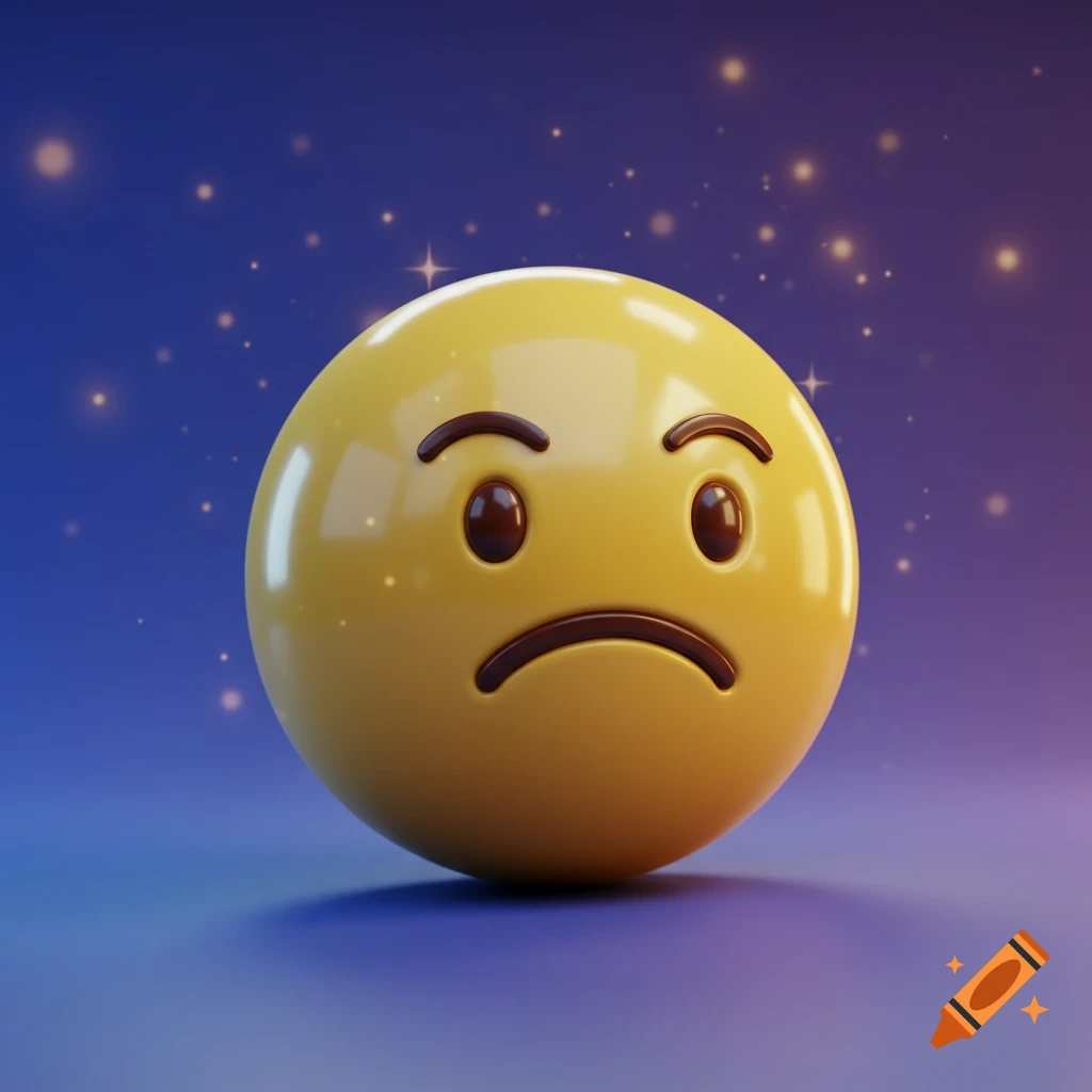 A 3D render of a sad yellow emoji with a downturned mouth and furrowed eyebrows, against a gradient blue and purple background with sparkling lights.