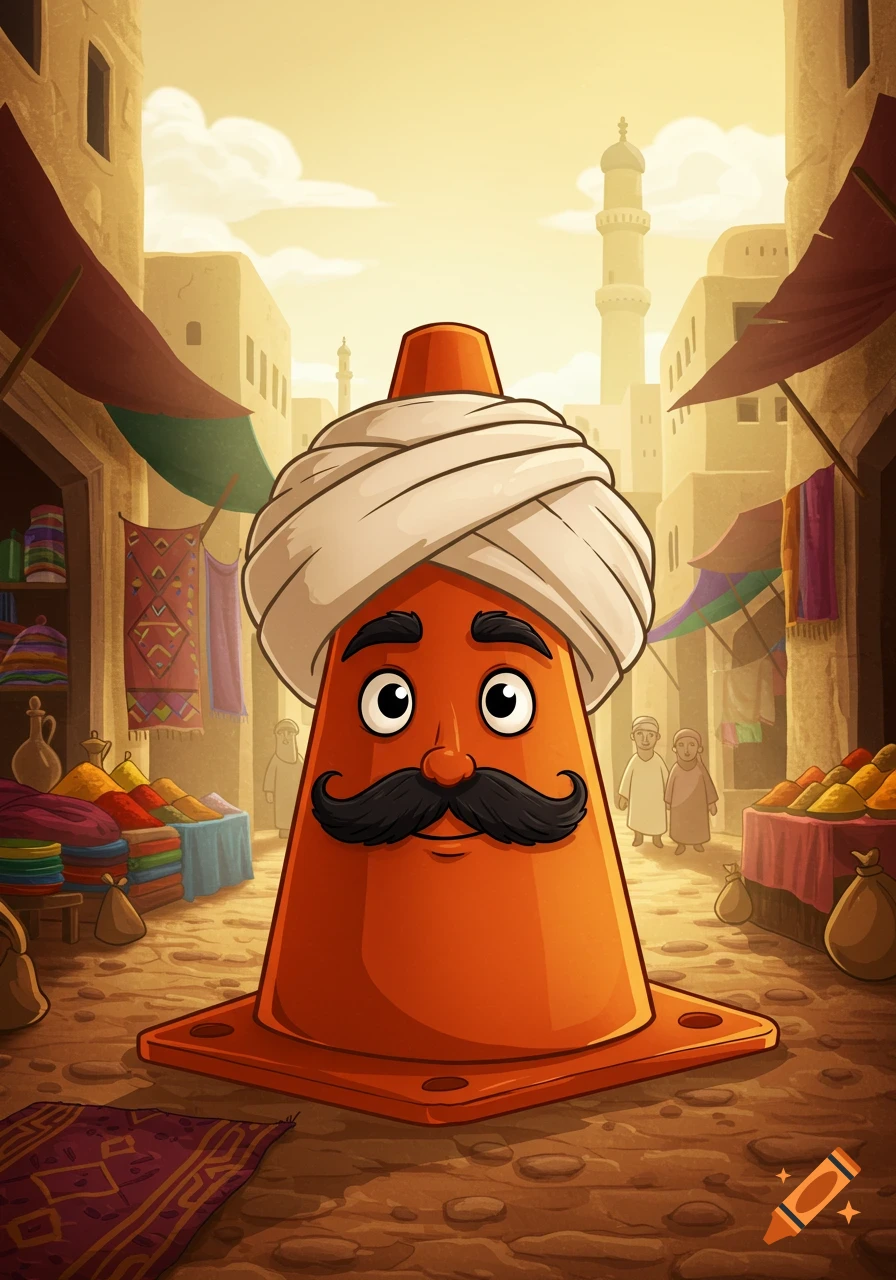 A vibrant cartoon of an orange traffic cone with a mustache and white turban, standing in a bustling Middle Eastern market.