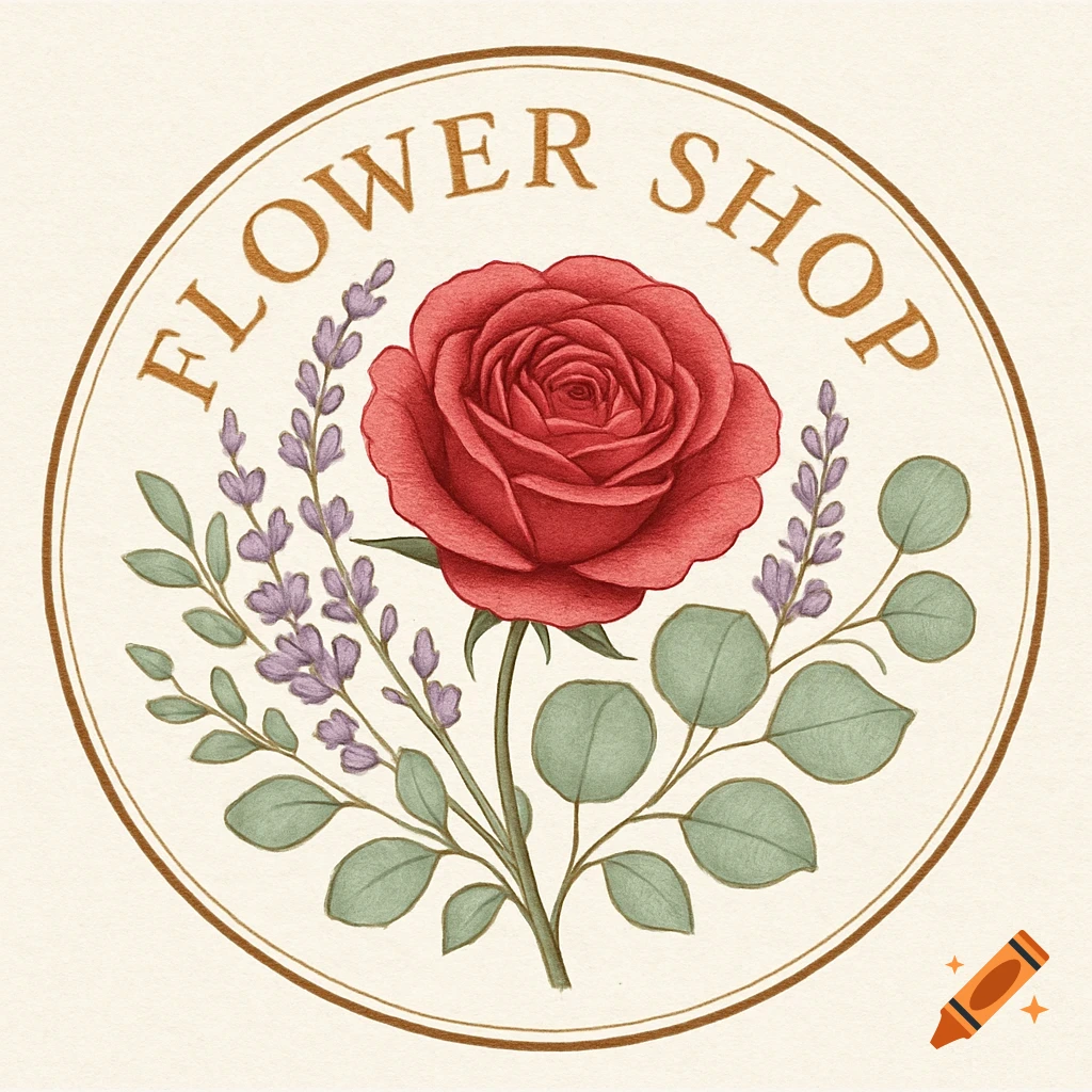 A round logo featuring a red rose, lavender, and eucalyptus leaves, encircled by the text 'FLOWER SHOP'. The style is a detailed watercolor illustration.