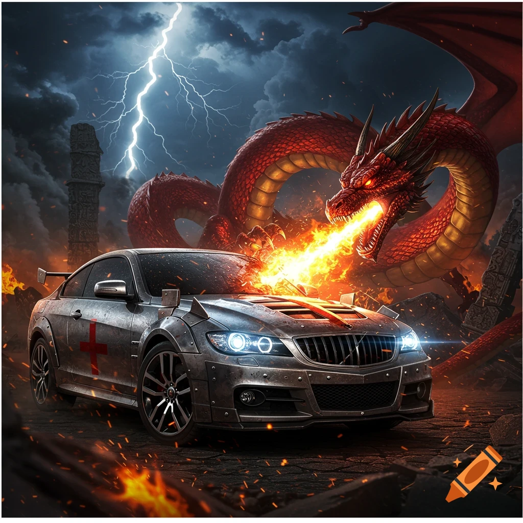 An armored car faces off against a large red dragon breathing fire under a stormy, lightning-filled sky.