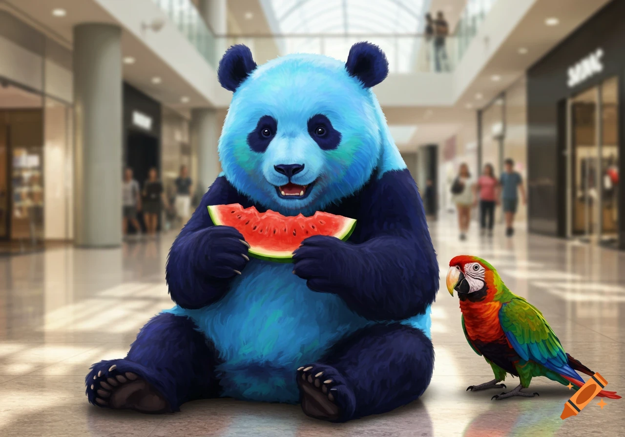 A large blue and black panda sits on the floor of a mall, eating a slice of watermelon. A colorful parrot stands next to it.