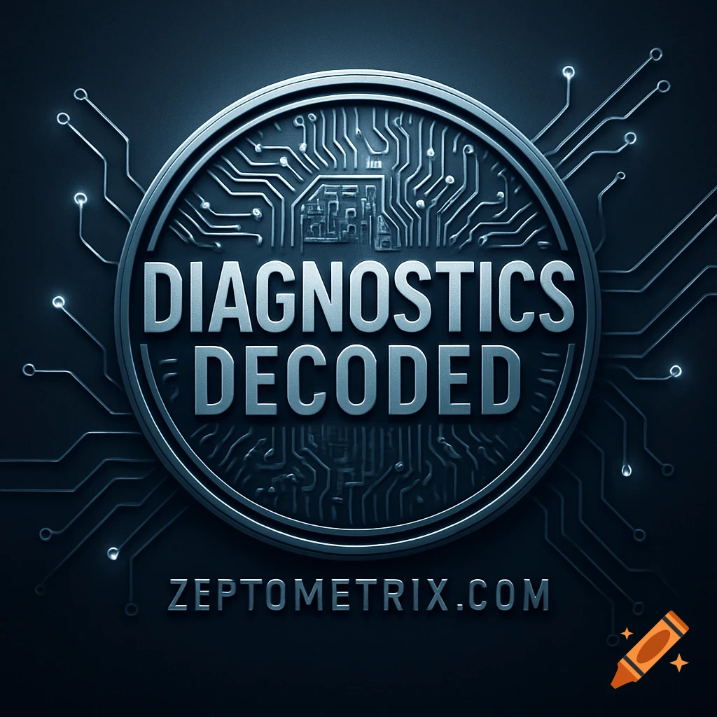 A metallic circular logo with 'DIAGNOSTICS DECODED' and 'ZEPTOMETRIX.COM' text, set against a dark, glowing circuit board pattern.
