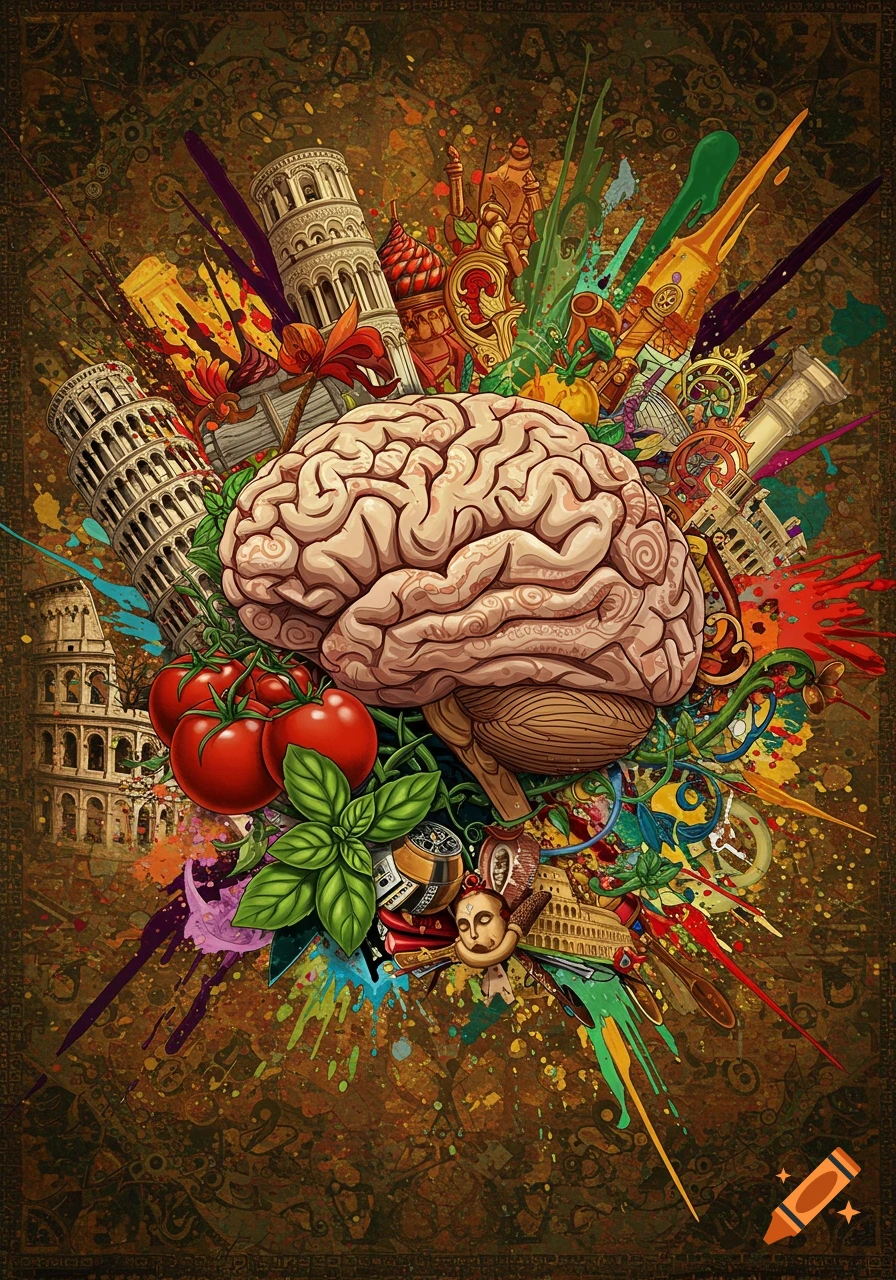 A vibrant illustration featuring a human brain surrounded by Italian landmarks, tomatoes, and basil on a textured, colorful background.