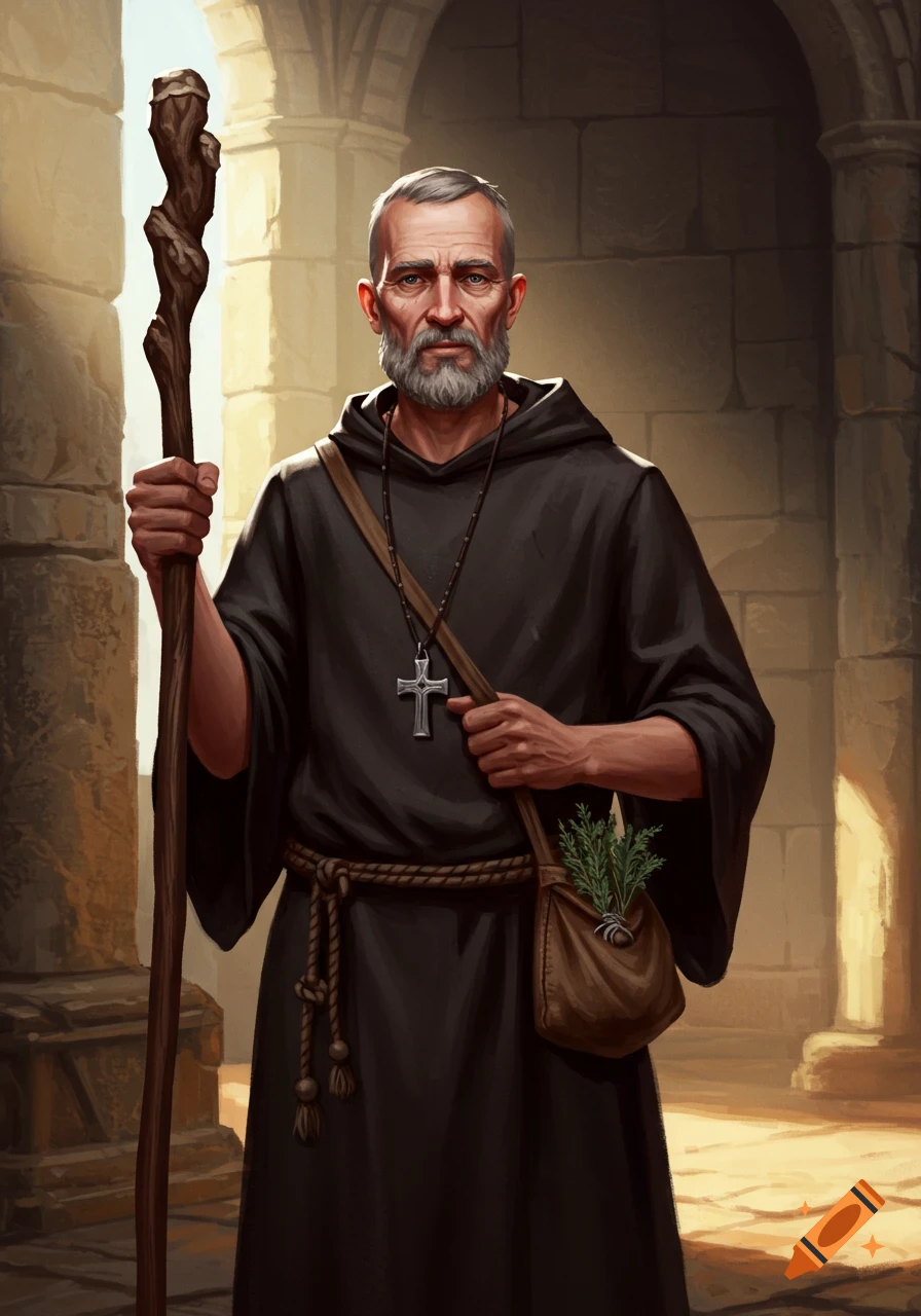 A photorealistic portrait of an old monk with a beard in dark robes, holding a wooden staff and a satchel, standing in a stone archway.