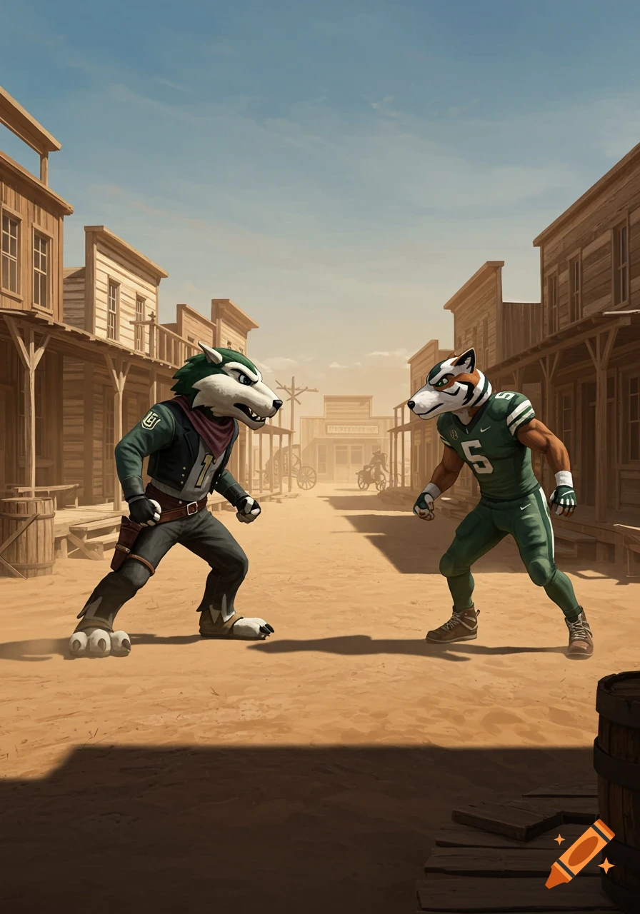 A wolf mascot and a fox mascot, both wearing sports jerseys, face off in a dusty old western town street under a clear sky.