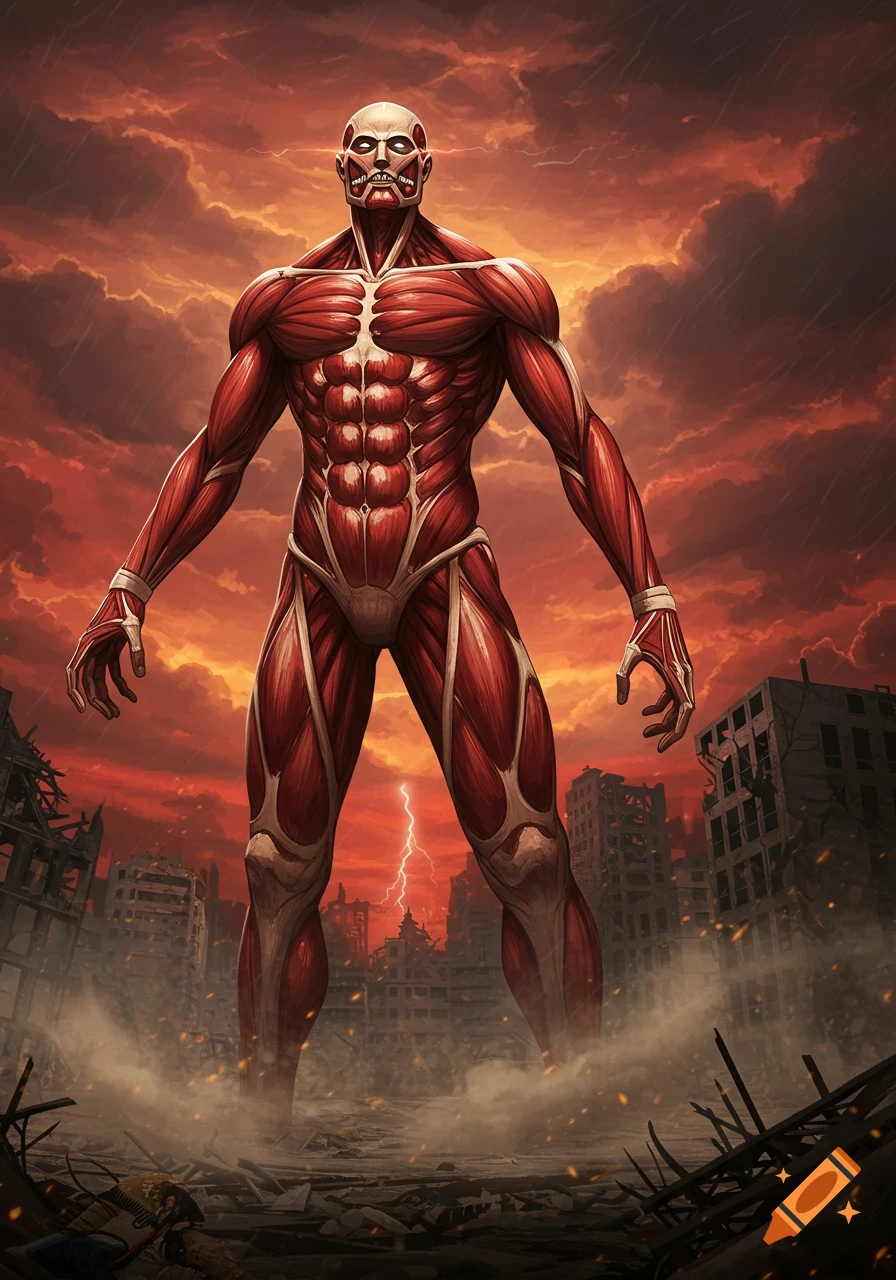 A giant, skinless, red-muscled titan stands over a ruined city under a stormy, orange-red sky with lightning.