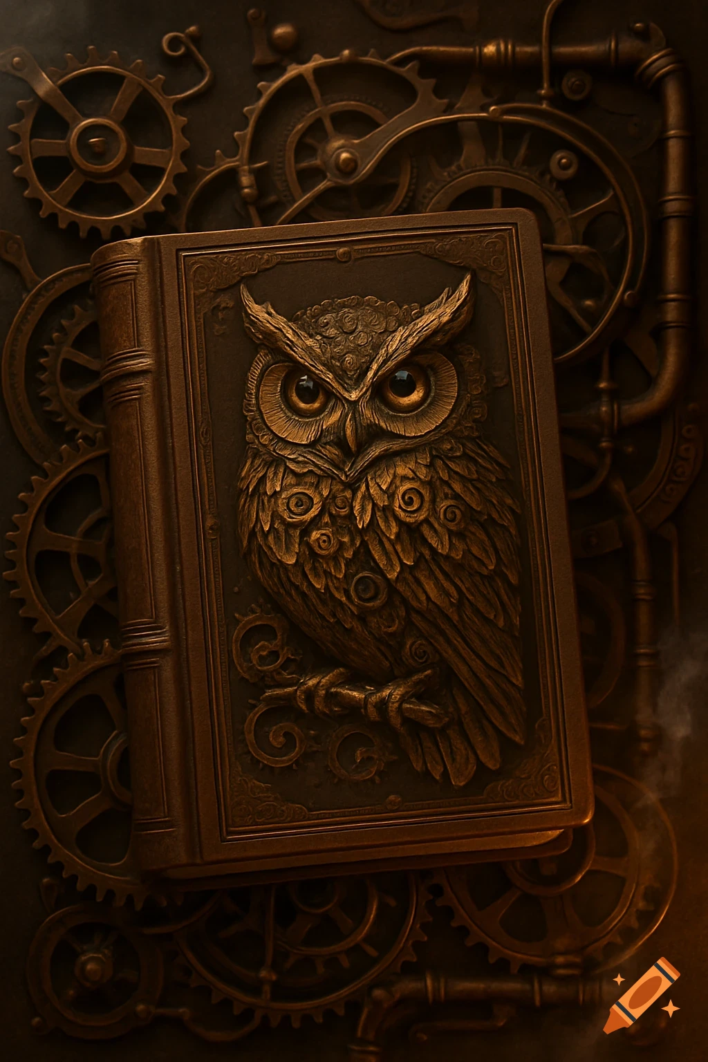 A detailed steampunk-style book with an embossed owl on the cover, surrounded by metallic gears and pipes in warm bronze tones.