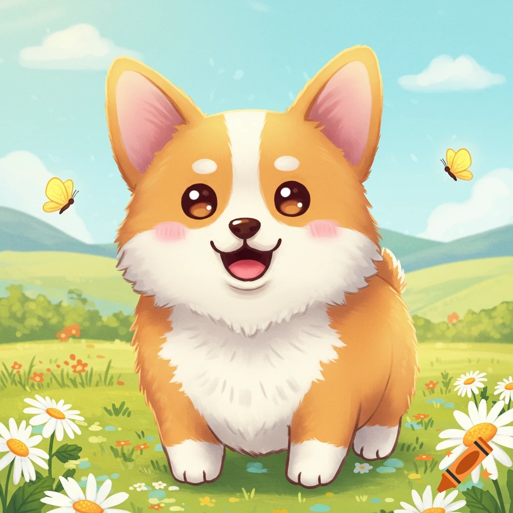 A cute cartoon Corgi dog with a big smile standing in a field of flowers under a blue sky, with two butterflies fluttering nearby.
