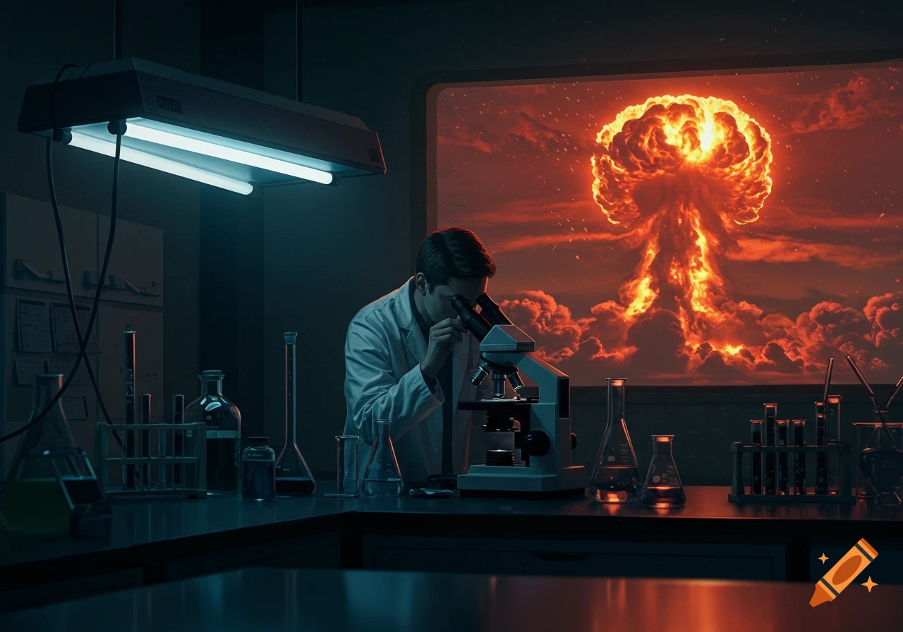 A scientist looks into a microscope in a dark lab, with a large, fiery mushroom cloud visible through a window behind them.