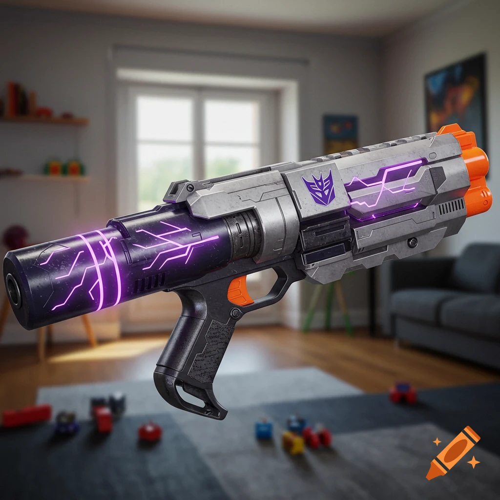 A photorealistic toy blaster, resembling a futuristic Nerf gun with grey and purple elements, glowing lightning patterns, and a Decepticon logo, in a blurred child's room.