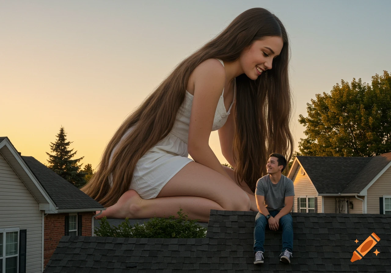 A photorealistic image of a giantess kneeling on rooftops at sunset, smiling down at a man sitting on a lower roof who smiles up at her.