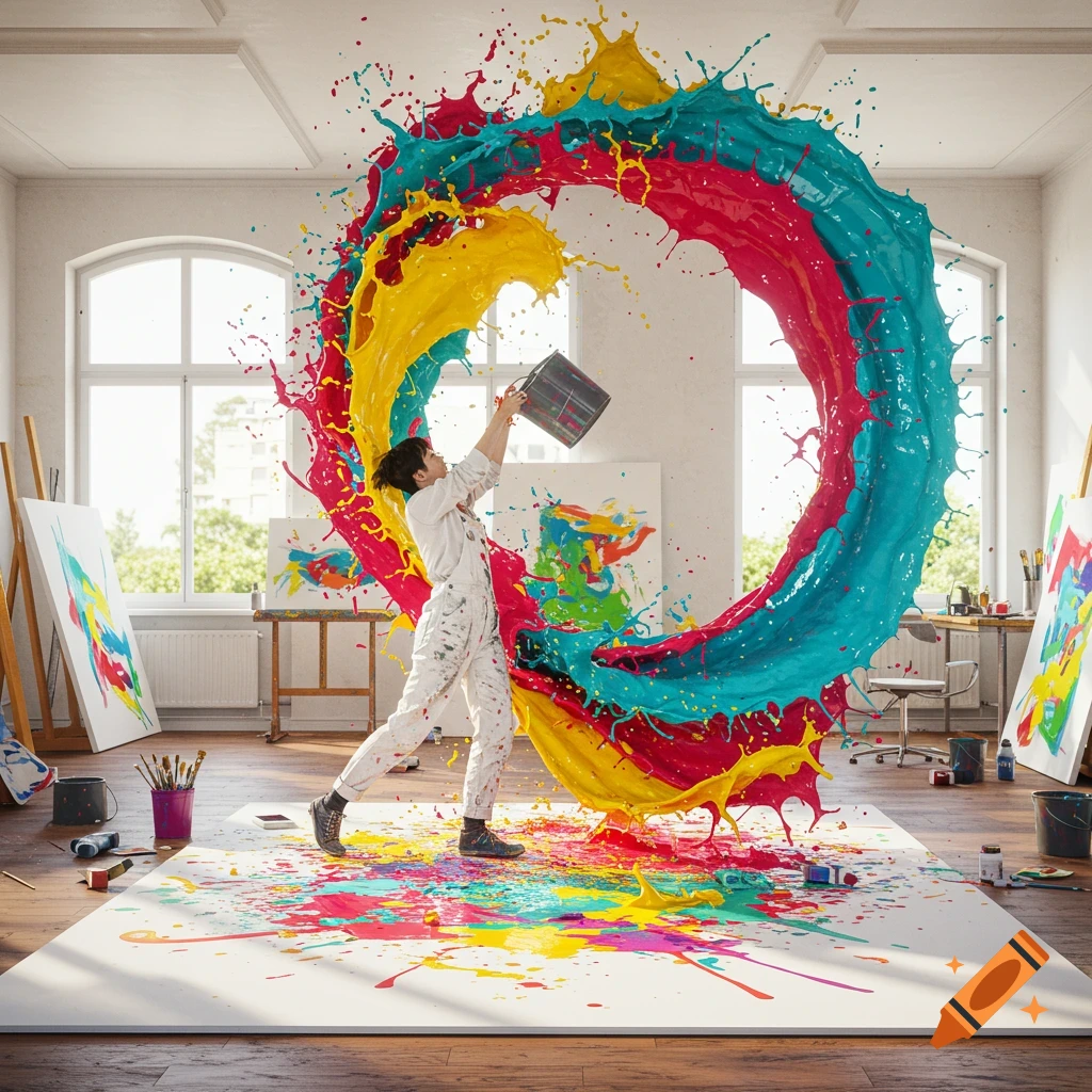 A person in a white jumpsuit throws a bucket, creating a large, swirling splash of vibrant paint in an art studio.