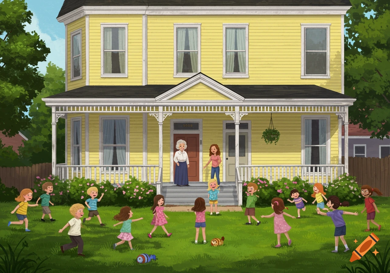 Illustration of children playing on a green lawn in front of a large yellow house with a white porch, while two women stand on the porch.