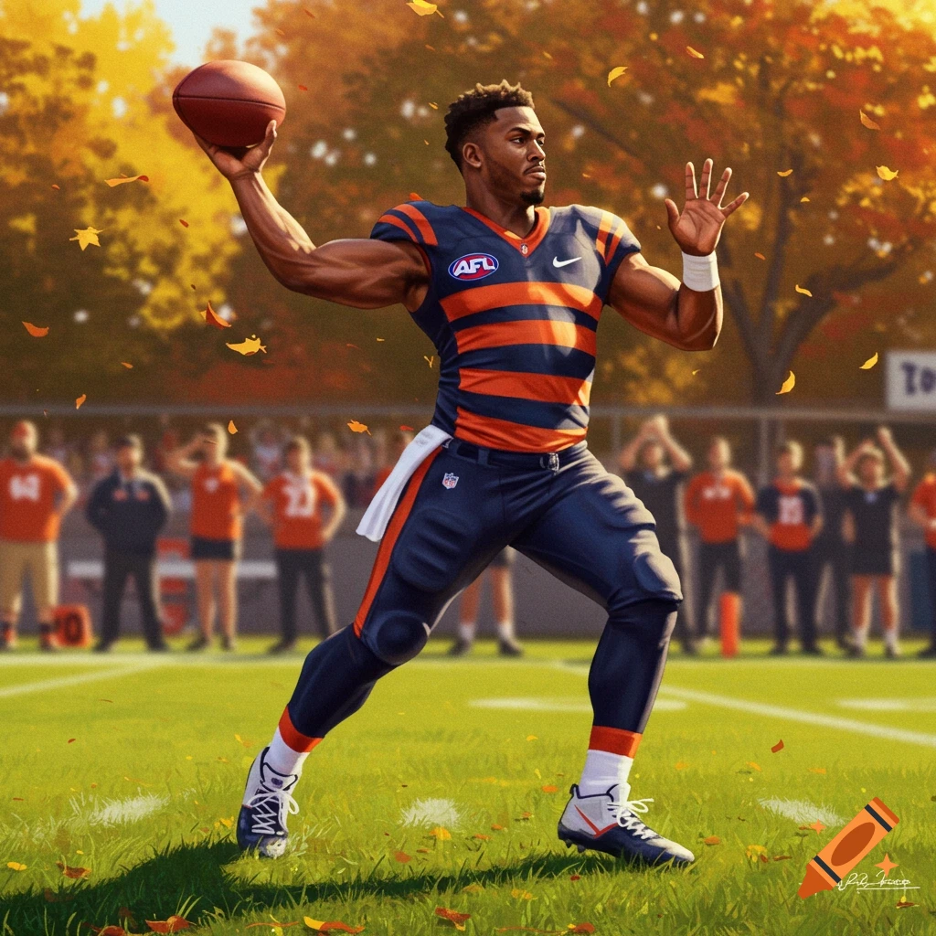 A male football player in a blue and orange uniform throwing a football on a field with autumn leaves falling and a blurred crowd in the background.