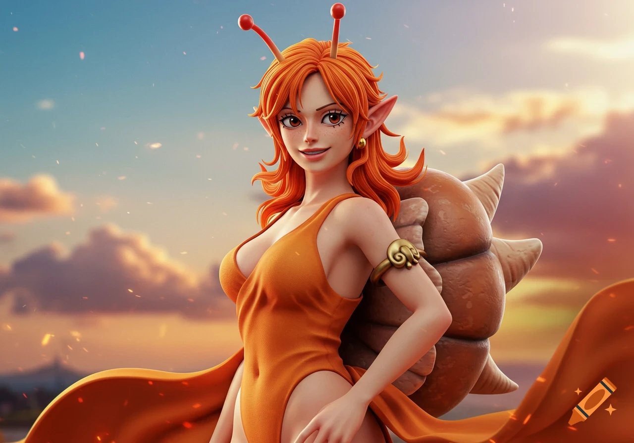 A realistic anime girl with orange hair, antennae, and a brown snail shell on her back, wearing an orange bodysuit, stands against a cloudy sky at sunset.