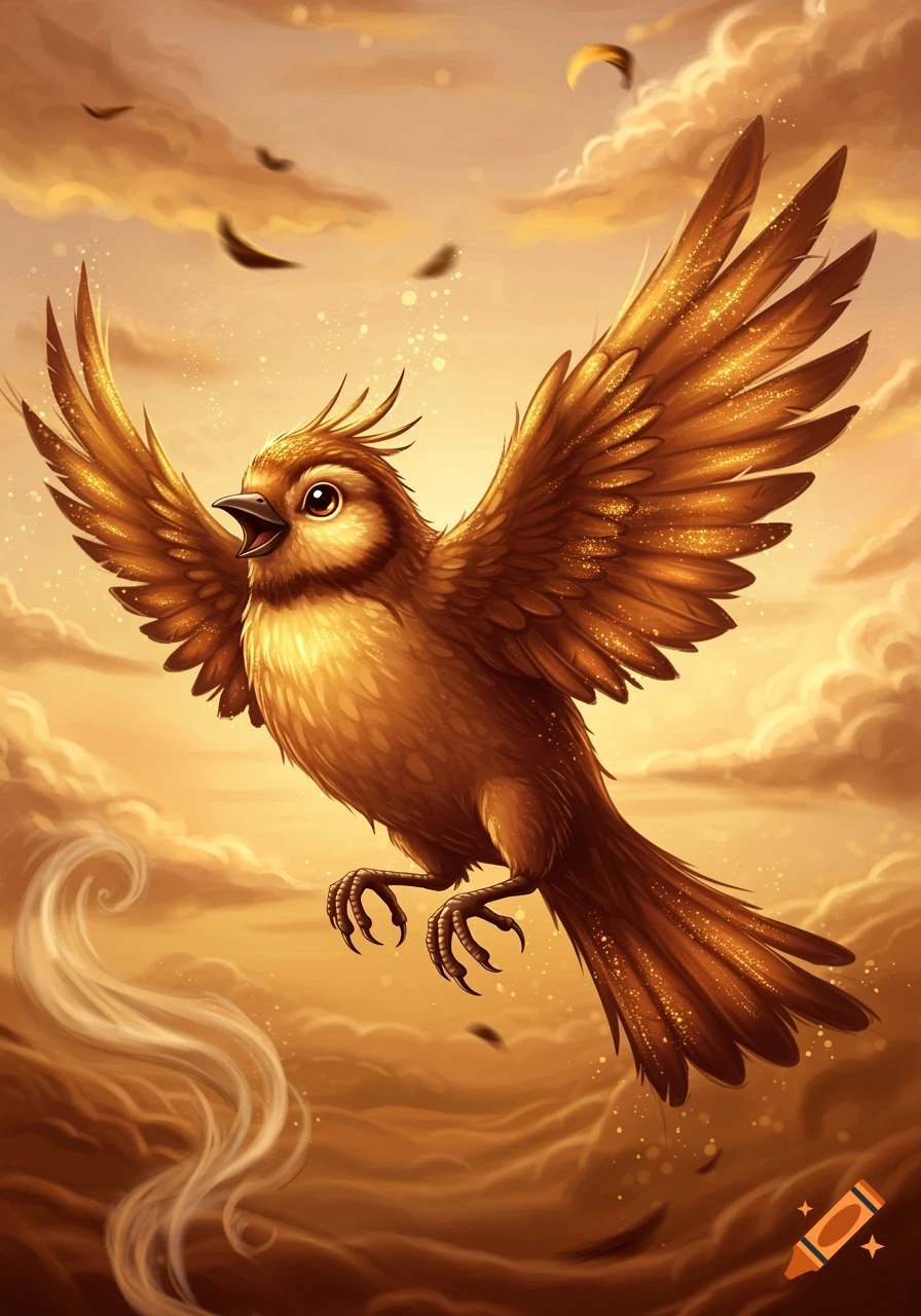 An illustration of a golden-brown bird with shimmering wings flying through an orange and brown sky with clouds.