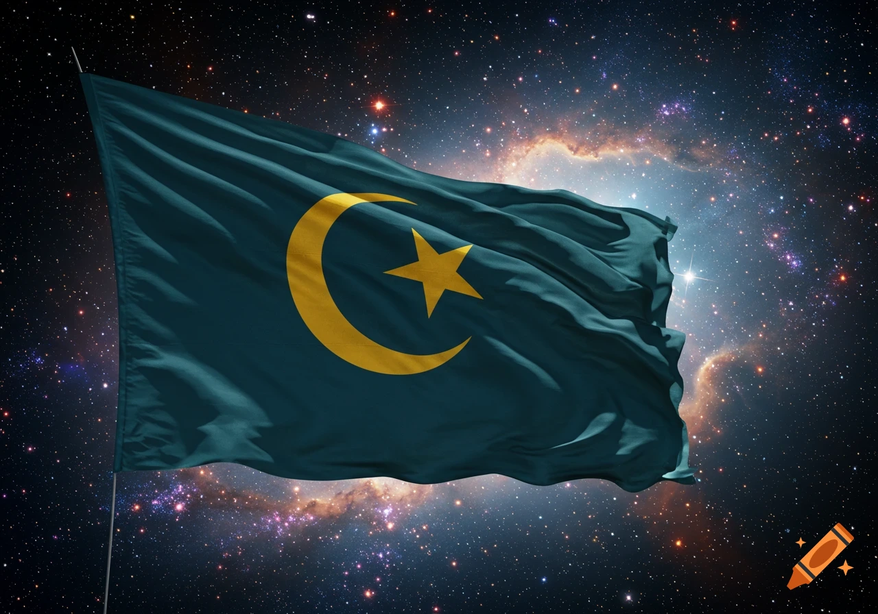 A teal flag with a golden crescent moon and star waves against a dark, star-filled cosmic background with glowing nebulae.