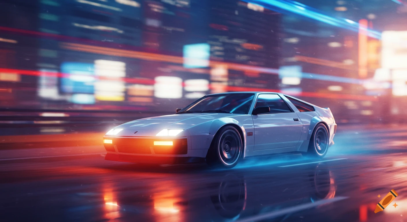 A sleek white sports car with glowing lights speeding on a wet city street at night, illuminated by neon city lights and motion blur.