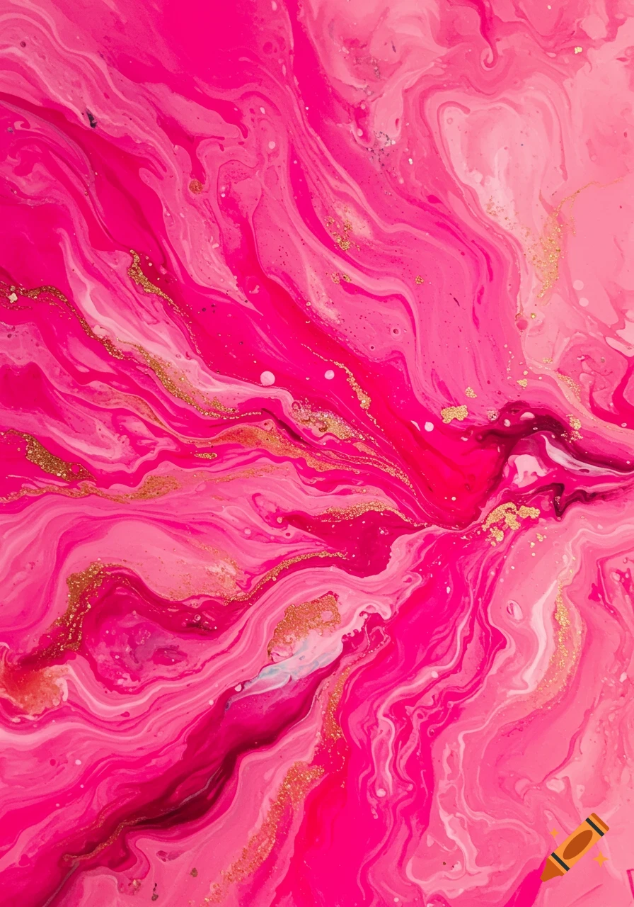 Abstract swirling pattern of bright pink, fuchsia, and light pink with gold glitter streaks.