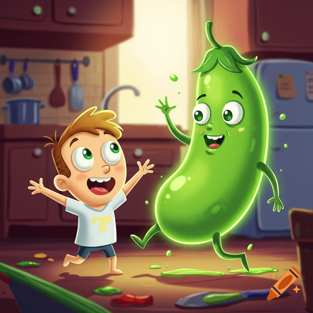 A happy cartoon boy in a kitchen reaches out to an anthropomorphic, glowing green bean character, leaving green splatters on the floor.