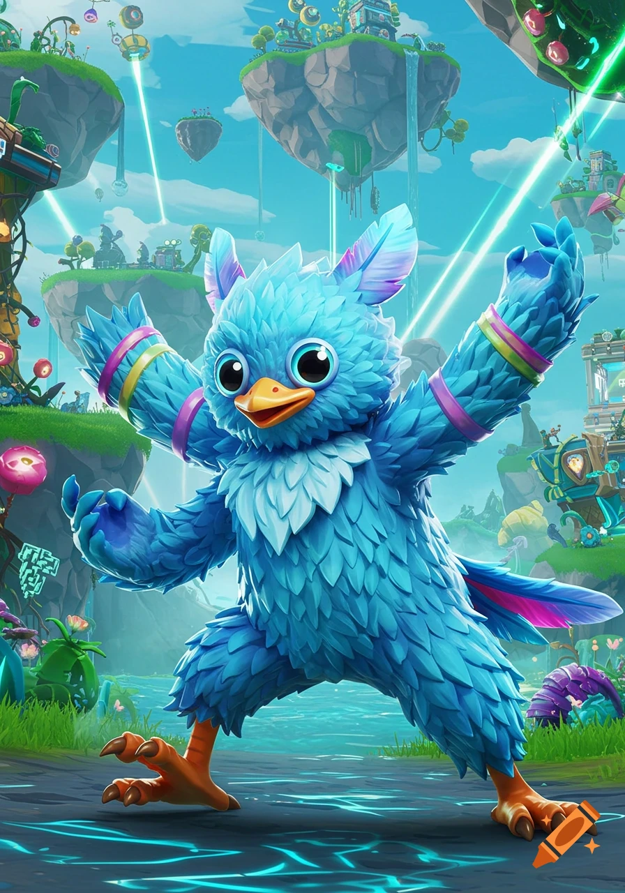 A blue, fluffy bird-like creature with an orange beak and talons stands in a vibrant fantasy world with floating islands.