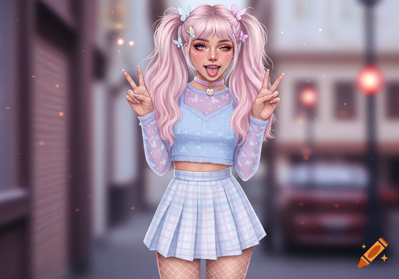 A vibrant, stylized illustration of a pink-haired e-girl in a pastel outfit making a peace sign and sticking out her tongue.
