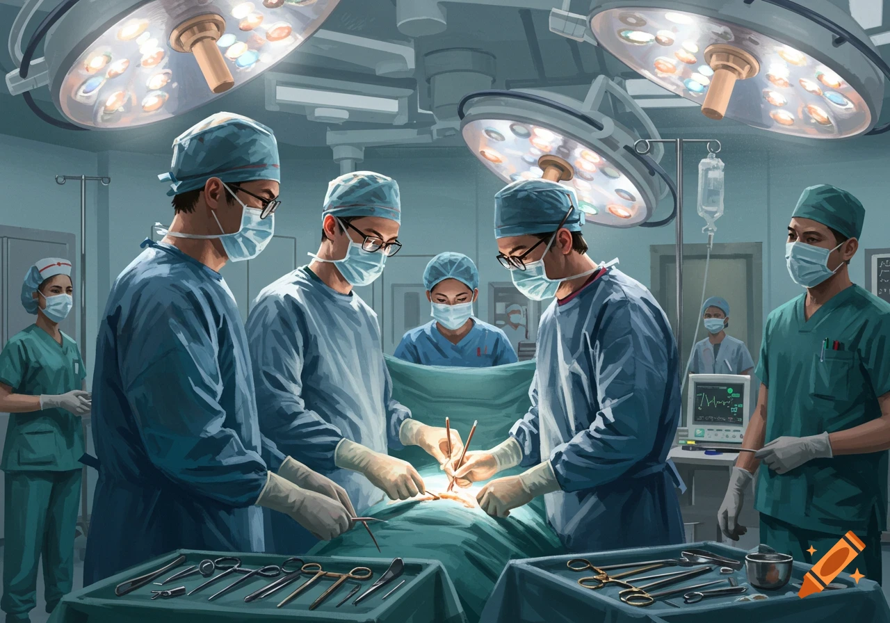 Doctors in surgical scrubs and masks performing an operation in a brightly lit operating room.