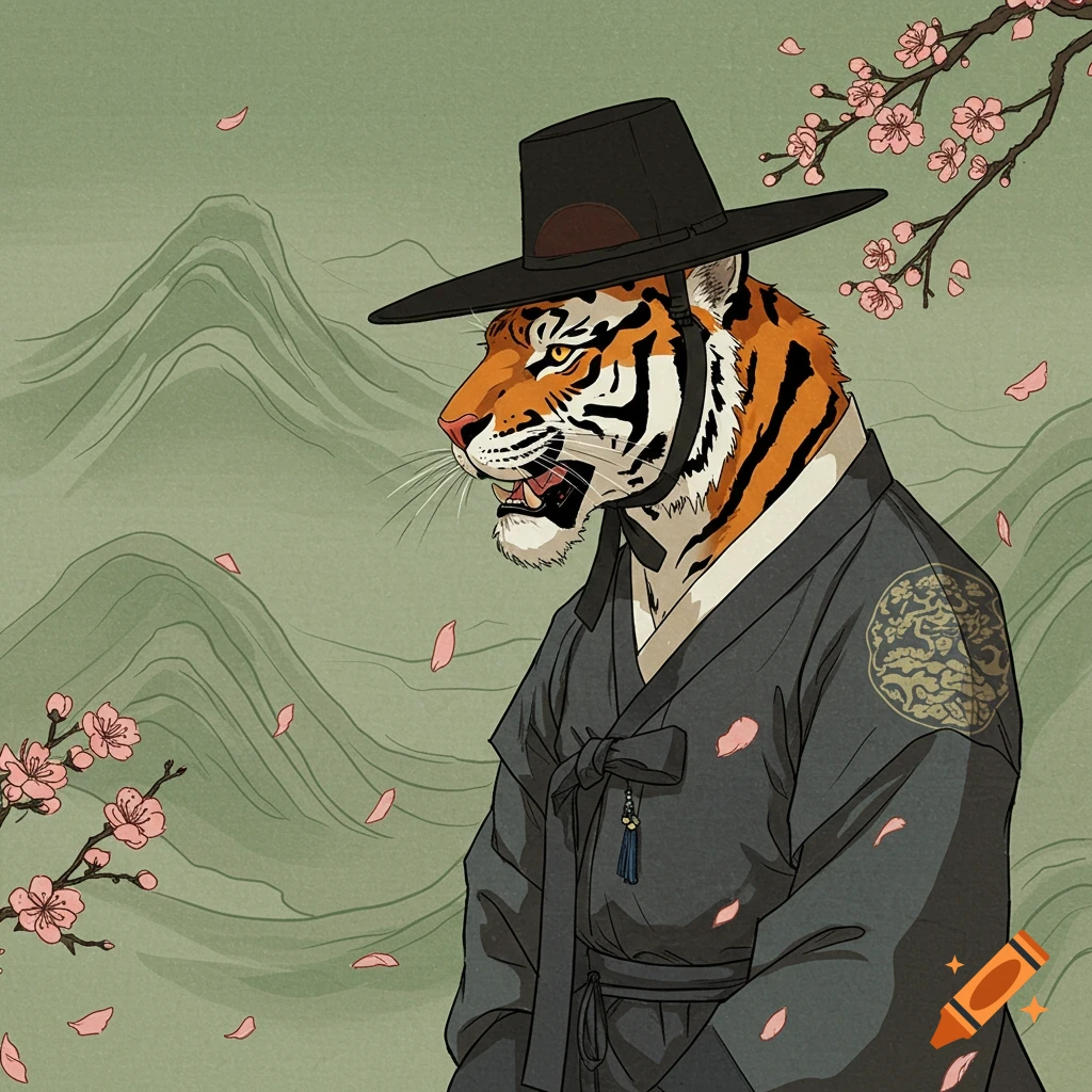 A majestic tiger in a black Korean gat hat and dark hanbok, against green mountains and cherry blossoms, in traditional Korean art style.