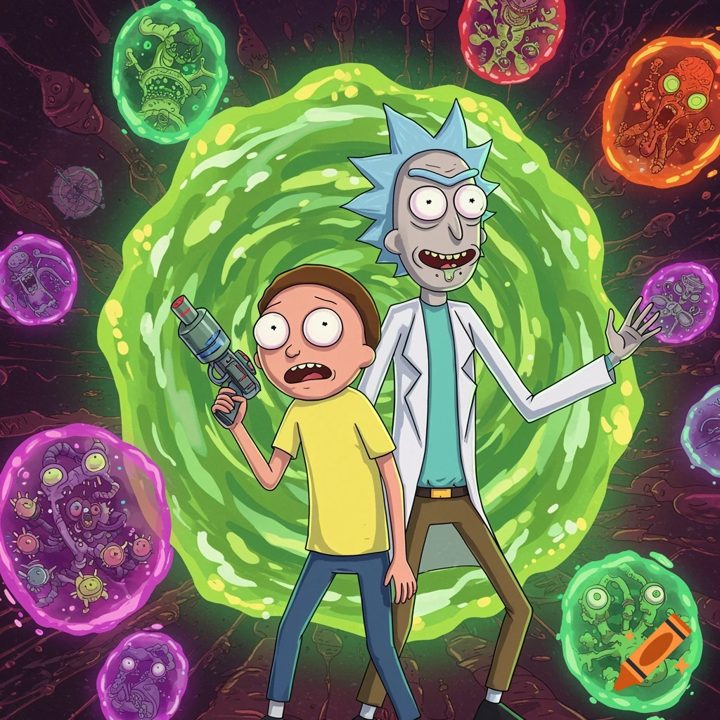 Rick and Morty stand in front of a large green portal, surrounded by smaller colorful portals containing alien creatures.