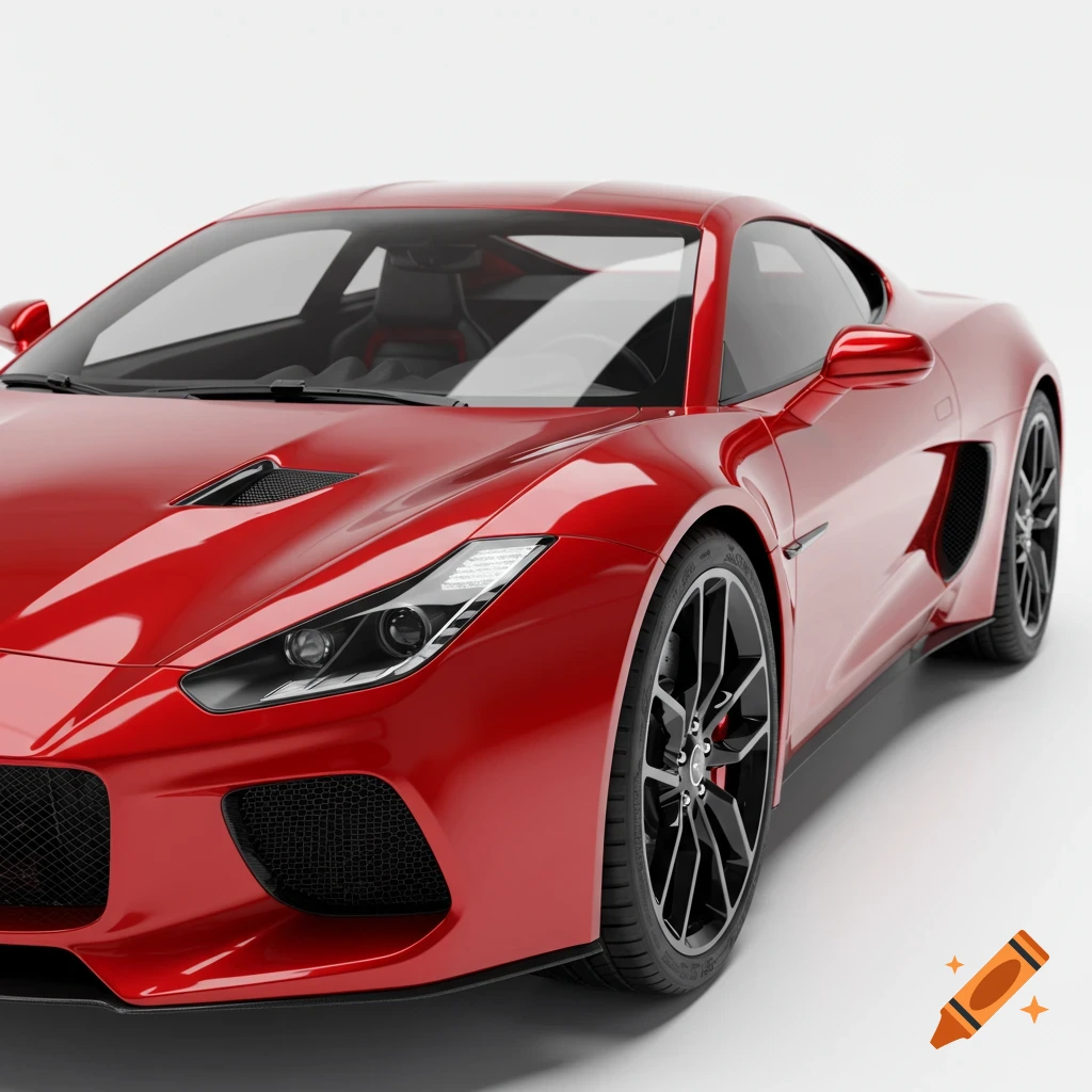 A shiny red sports car is viewed from the front-right on a white background with studio lighting.