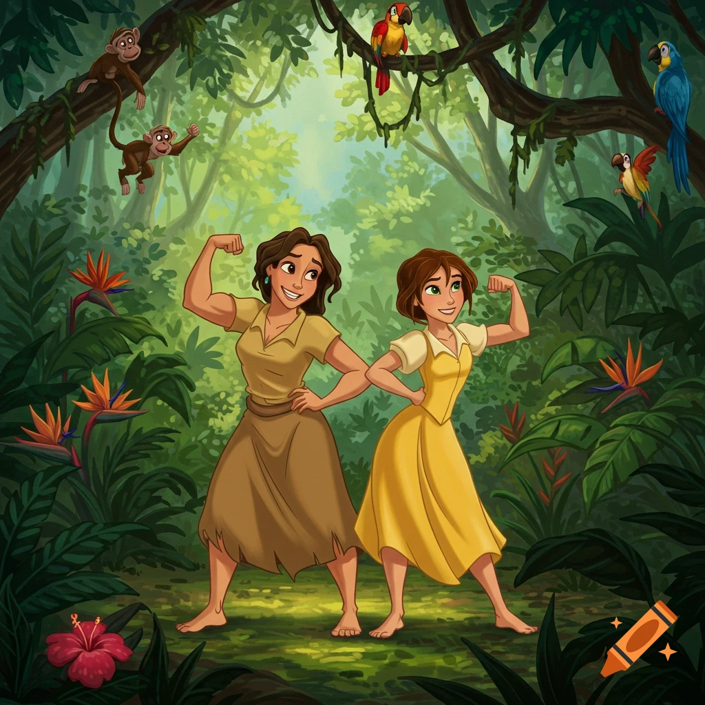 Two animated women, one in yellow and one in brown, flex their muscles in a vibrant jungle with monkeys and parrots.