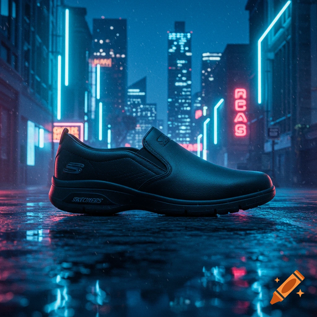 A black slip-on Skechers shoe on a wet street at night, with neon lights and futuristic city buildings in the background.