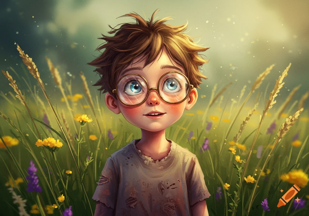 A cute cartoon boy with messy brown hair, round glasses, and a ripped shirt stands in a sunny field of tall grass and wildflowers.