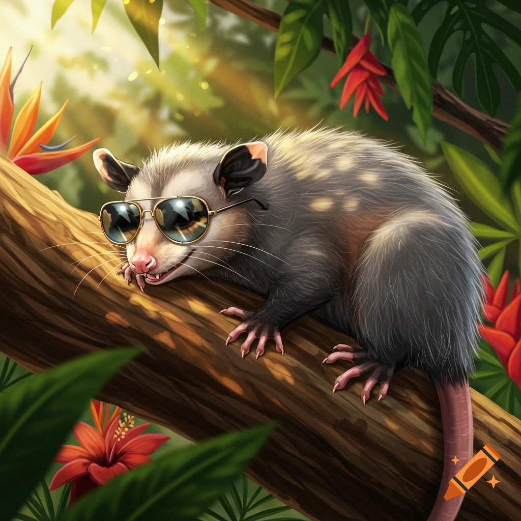 A cool possum wearing aviator sunglasses relaxes on a tree branch in a vibrant jungle with sunlight filtering through leaves and bright flowers.