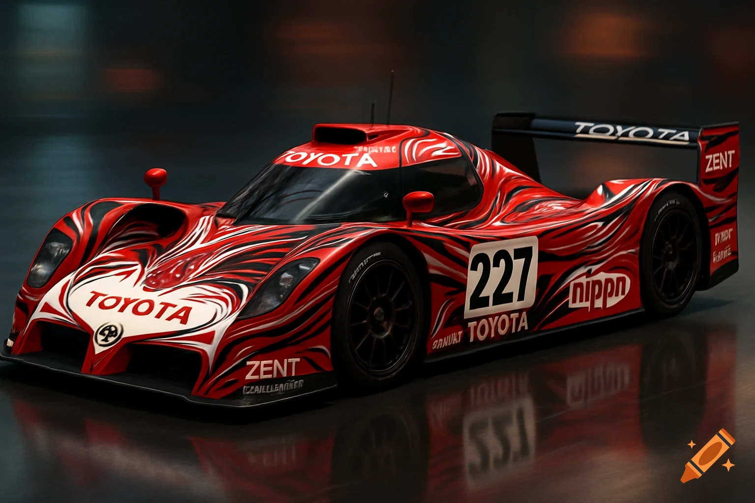 A red, white, and black Toyota GT-One TS020 racing car with a unique livery and racing number 227, viewed from a low angle.
