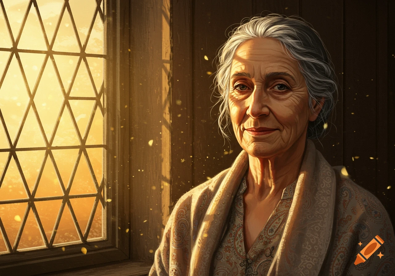 A detailed portrait of an elderly woman with gray hair, smiling softly, bathed in warm golden light streaming through a leaded window.