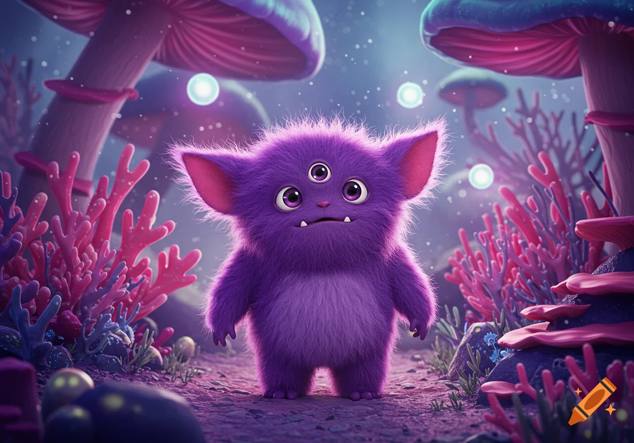 A cute purple furry monster with three eyes and pink ears stands in a vibrant alien landscape with large mushrooms.