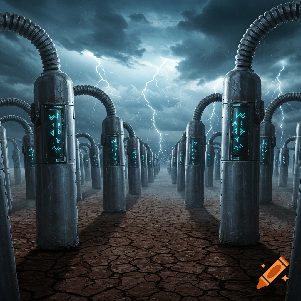 A dystopian landscape with rows of large, tube-like machines with glowing screens, under a stormy sky with lightning.