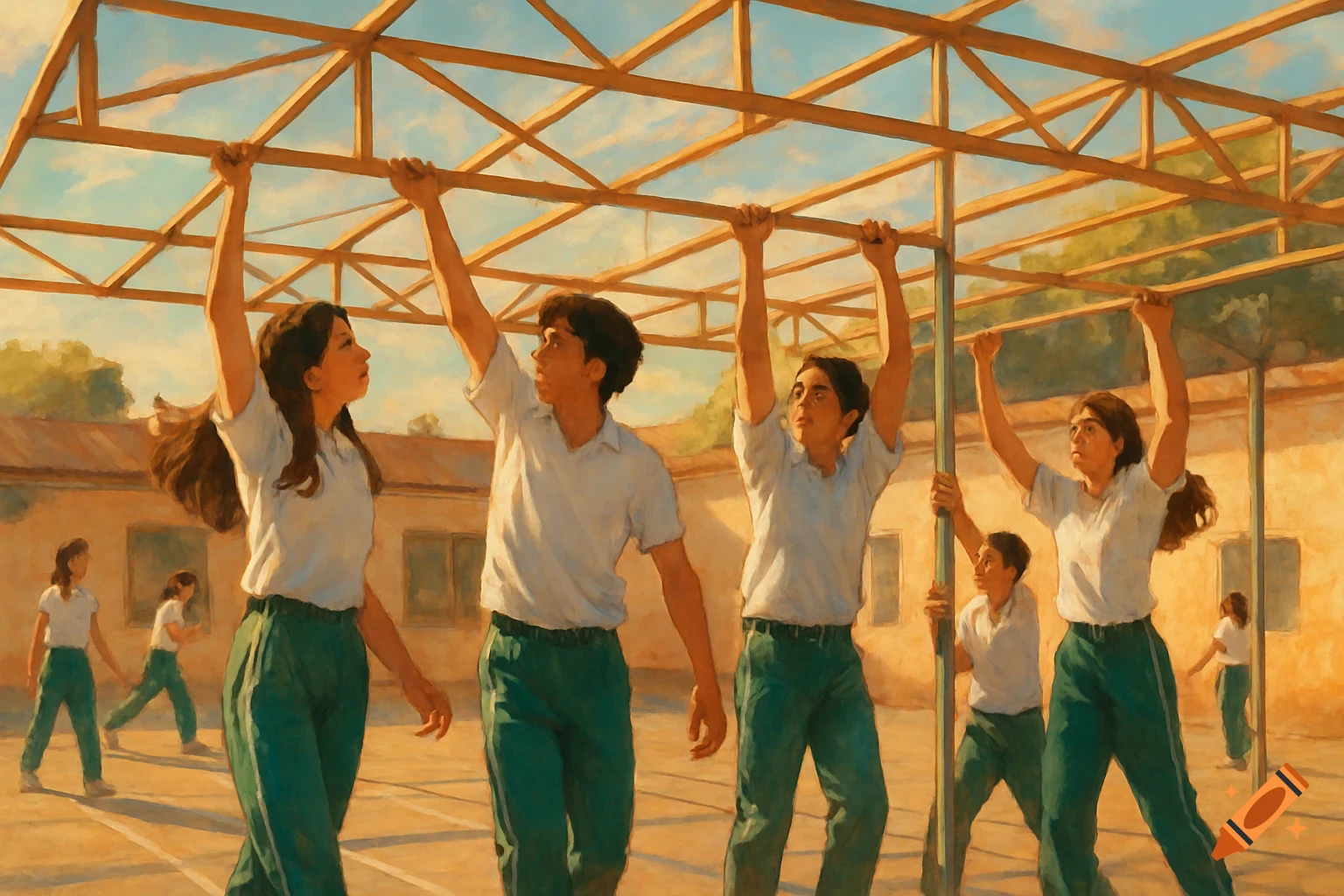 Teenagers in white shirts and green pants hanging from a metal exercise structure and walking in a sunny schoolyard, painterly style.