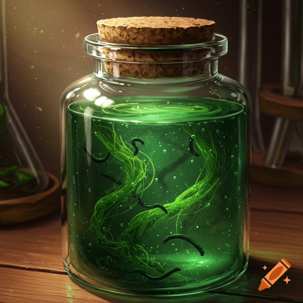 A glass jar with a cork lid, filled with glowing green liquid, green tendrils, and black worms, on a wooden surface.
