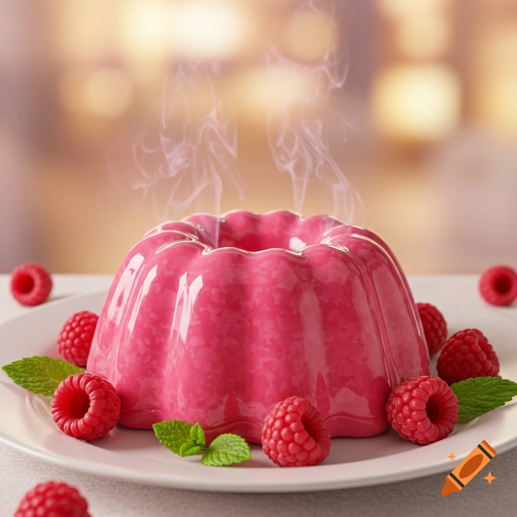 A photorealistic image of a bright pink, fluted pudding, steaming on a white plate, garnished with fresh raspberries and mint leaves.