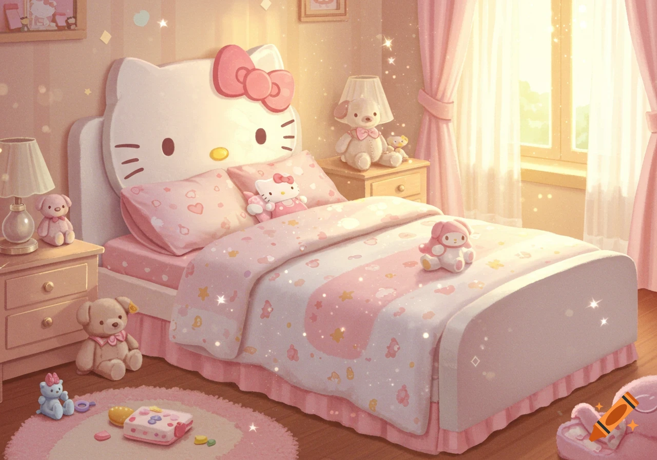 A cute, pink Hello Kitty themed bedroom with a large Hello Kitty headboard, pink bedding, and plush toys.