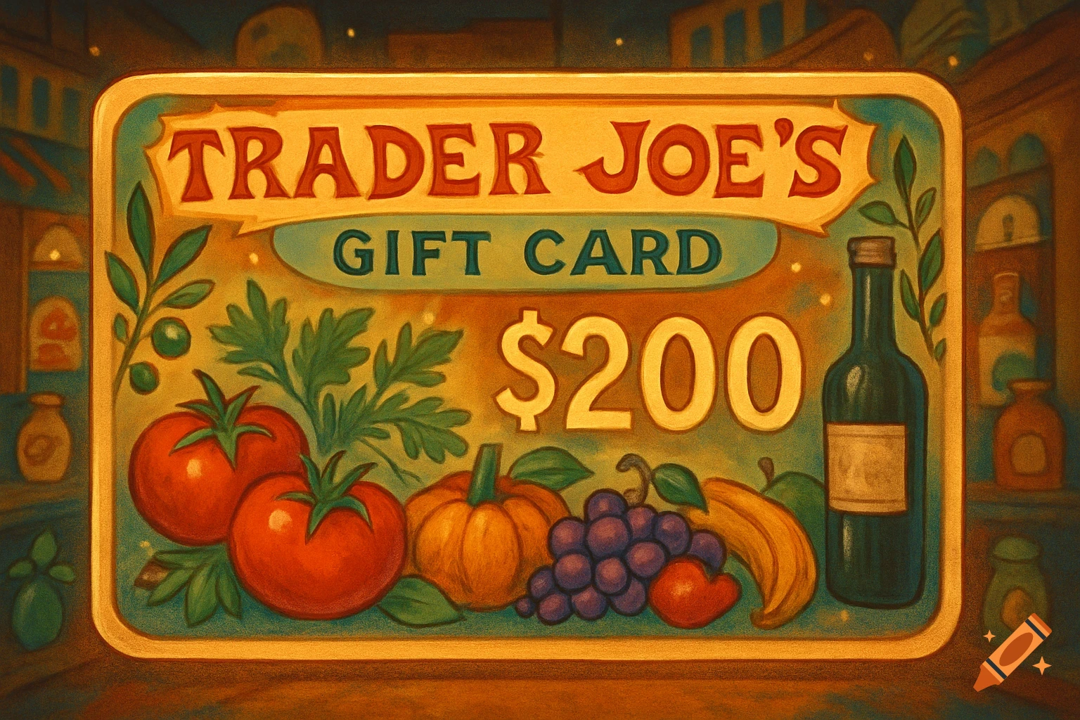 A stylized illustration of a Trader Joe's gift card for $200, featuring produce and a wine bottle.
