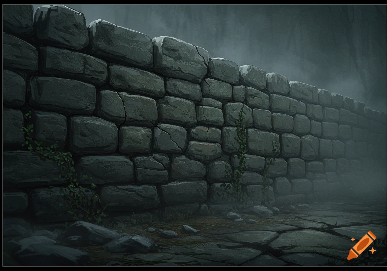 A weathered stone wall covered in some vines, extending into a misty, shadowy background, in an illustrative style.