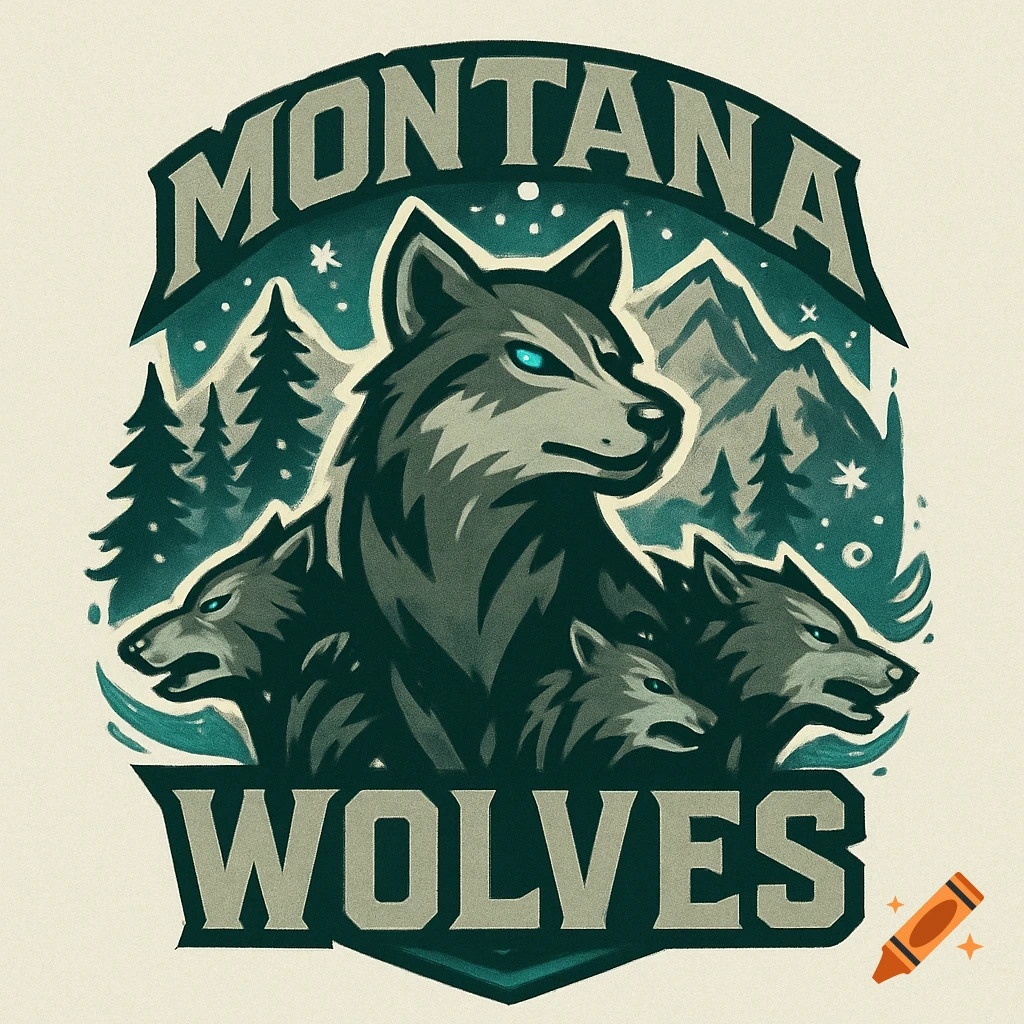 A stylized logo featuring a large wolf and three smaller wolves with mountains and trees, text 'MONTANA WOLVES'.