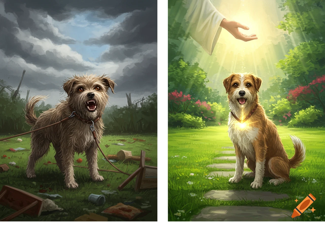 Two-panel illustration: a wild, scruffy dog in a messy, stormy yard; a calm, happy dog glowing in a sunny garden with a divine hand.