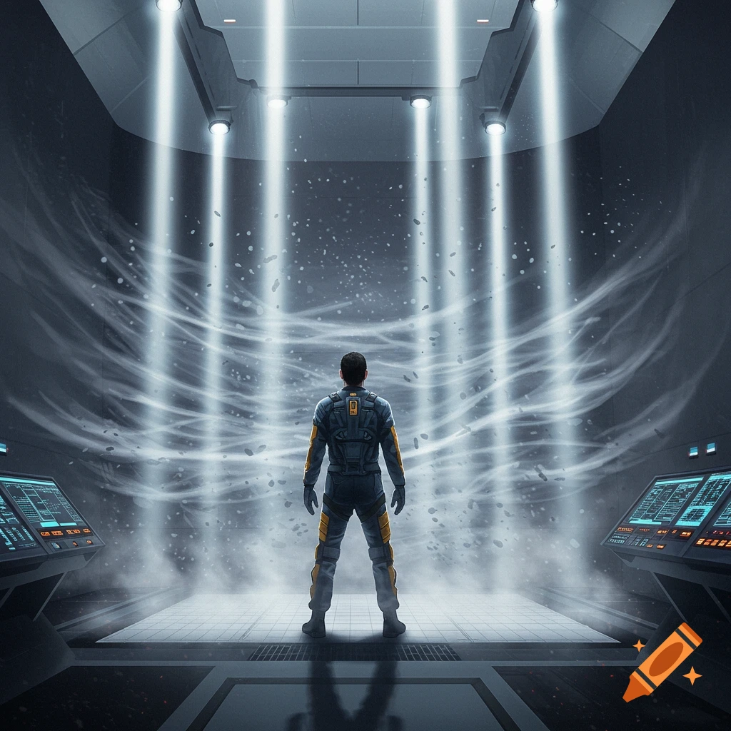 A person in a blue and yellow futuristic suit stands in a large, dark room, looking into a powerful, swirling white wind tunnel with bright lights shining down.