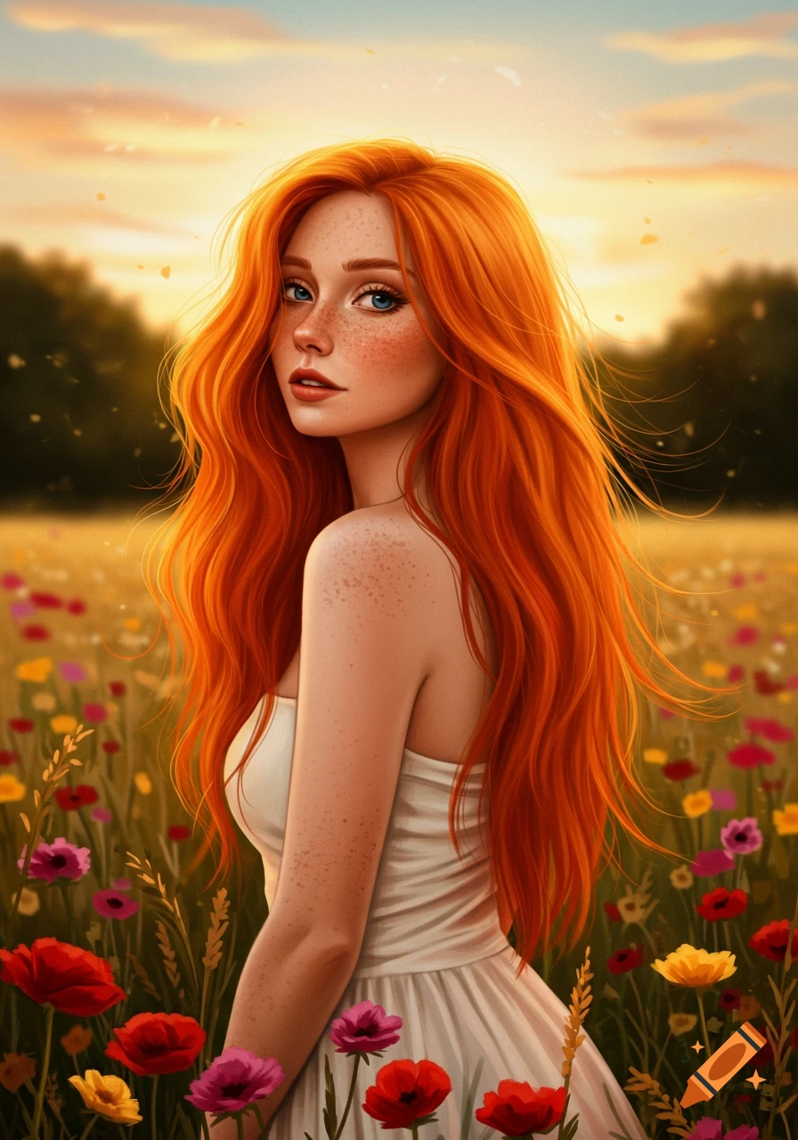 A young woman with long, red hair and freckles in a white dress stands in a field of wildflowers at sunset.
