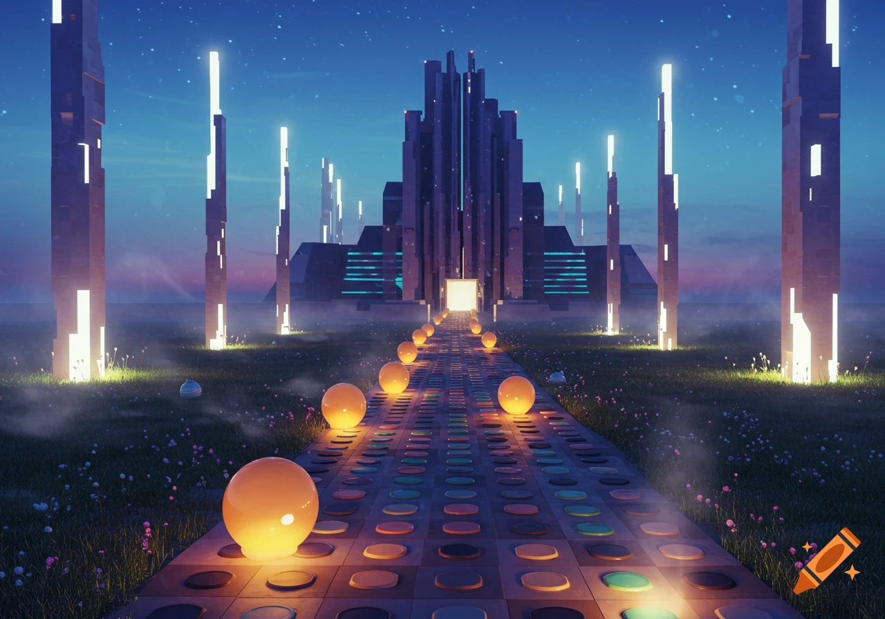 A futuristic landscape with a glowing path of colorful game pieces leading to a grand, illuminated building under a starry night sky.